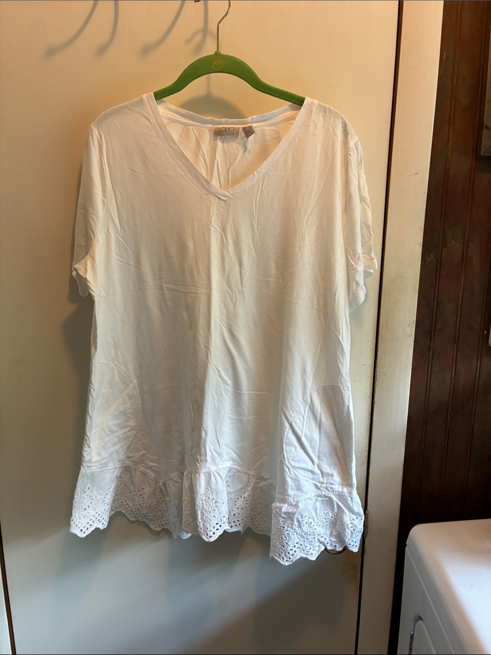 LOGO by Lori Goldstein White V-Neck Tunic with Eyelet Hem